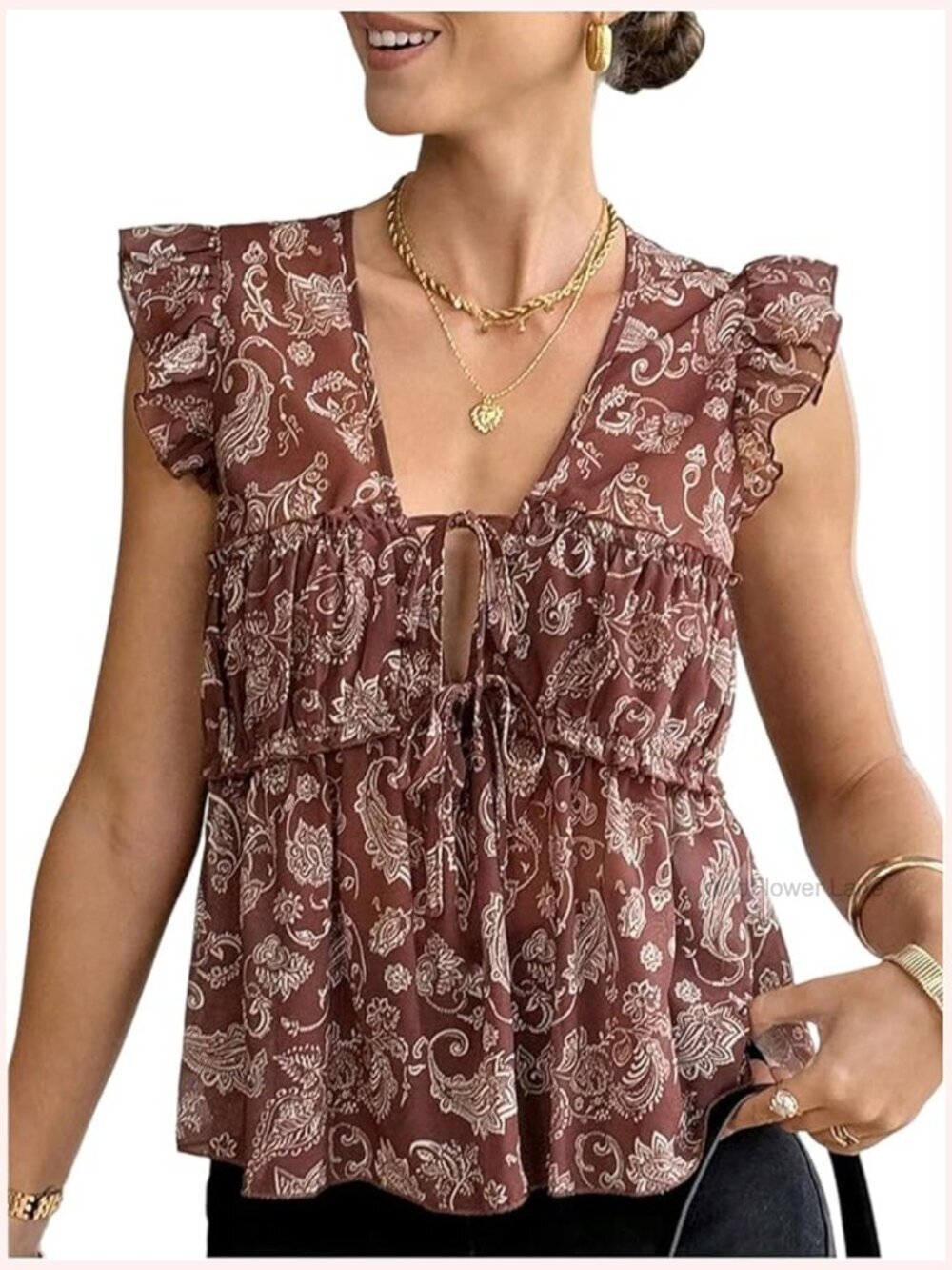 Boho Paisley Peplum Babydoll Top V Neck Cap Sleeve Ruffle Blouse